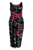 Black Sexy Print Patchwork O Neck Pencil Skirt Plus Size Two Pieces
