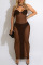 Brown Fashion Sexy Patchwork Bandage See-through Backless Halter Sleeveless Dress