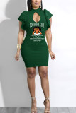 Green Fashion Sexy Print Hollowed Out O Neck Wrapped Skirt Dresses