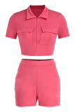 Red Fashion Casual Solid Basic Zipper Collar Short Sleeve Two Pieces