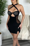 Black Sexy Patchwork Hot Drilling Hollowed Out See-through Backless Spaghetti Strap Sleeveless Dress