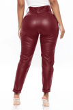 Burgundy Fashion Casual Solid Patchwork Skinny High Waist Pencil Trousers