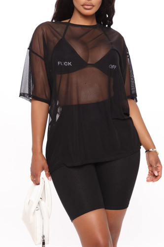 Black Fashion Sexy Solid See-through O Neck Short Sleeve Two Pieces