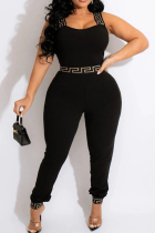 Black Sexy Casual Print Backless Square Collar Plus Size Jumpsuits