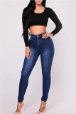 Medium Blue Fashion Casual Solid Basic High Waist Skinny Denim Jeans