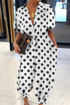 White Black Casual Print Patchwork Buckle Turndown Collar Loose Jumpsuits