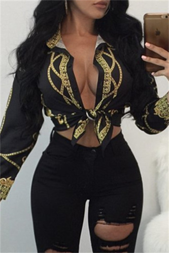 Black Fashion Casual Print Basic Turndown Collar Tops