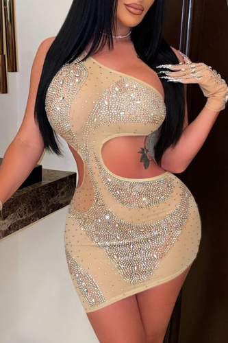 Apricot Sexy Patchwork Hot Drilling See-through Backless One Shoulder Sleeveless Dress