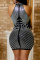 Silver Fashion Sexy Patchwork Hot Drill Half A Turtleneck Sleeveless Dress