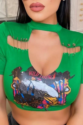 Green Sexy Print Hollowed Out O Neck T-Shirts
