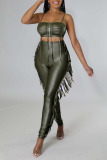 Green Sexy Solid Tassel Hollowed Out Split Joint Spaghetti Strap Sleeveless Two Pieces