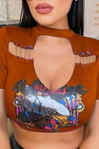Khaki Sexy Print Hollowed Out O Neck T-Shirts