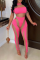 Rose Red Sexy Solid Mesh O Neck Skinny Jumpsuits