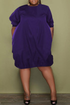Dark Purple Fashion Casual Plus Size Solid Basic O Neck Short Sleeve Dress