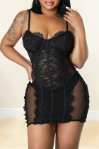 Black Fashion Sexy Patchwork See-through Backless Spaghetti Strap Sleeveless Dress