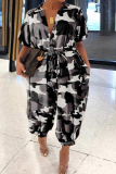 White Black Casual Print Patchwork Buckle Turndown Collar Loose Jumpsuits