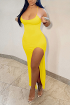 Yellow Sexy Solid High Opening Spaghetti Strap Pencil Skirt Dresses