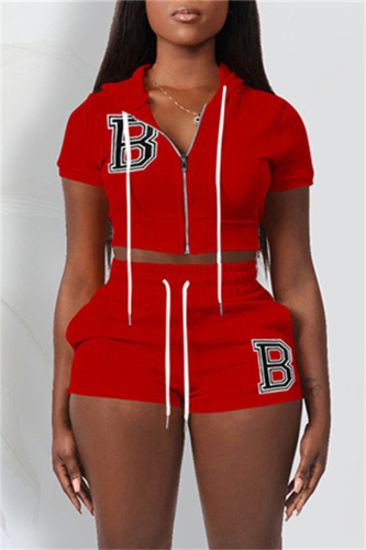 Red Fashion Casual Letter Solid Embroidered Hooded Collar Short Sleeve Two Pieces
