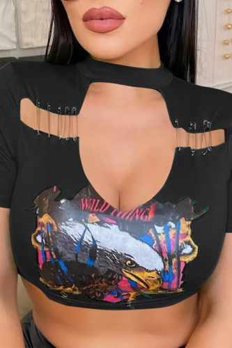 Black Sexy Print Hollowed Out O Neck T-Shirts