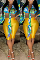 Yellow Fashion Casual Print Bandage V Neck Long Sleeve Two Pieces