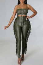 Green Sexy Solid Tassel Hollowed Out Split Joint Spaghetti Strap Sleeveless Two Pieces