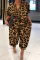 Dark Coffee Casual Print Patchwork Buckle Turndown Collar Loose Jumpsuits