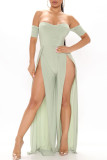 Green Fashion Sexy Solid Patchwork Backless Slit Strapless Skinny Jumpsuits