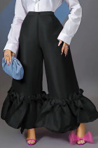 Black Fashion Casual Split Joint Flounce Straight High Waist Wide Leg Solid Color Bottoms