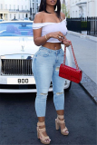 Black Fashion Casual Solid Ripped Bandage High Waist Jeans