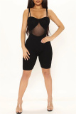 Black Fashion Sexy Patchwork Solid See-through Backless Spaghetti Strap Skinny Romper