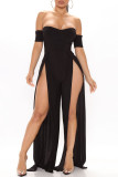 Black Fashion Sexy Solid Patchwork Backless Slit Strapless Skinny Jumpsuits