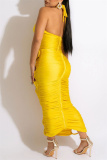 Yellow Fashion Sexy Solid Bandage Hollowed Out Backless Halter Long Dress Dresses