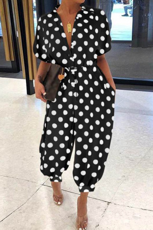 Black White Casual Print Patchwork Buckle Turndown Collar Loose Jumpsuits