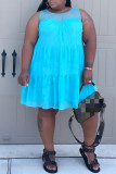 Blue Fashion Casual Plus Size Solid Split Joint See-through O Neck Sleeveless Dress