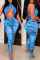 Blue Sexy Print Patchwork Halter Regular Jumpsuits