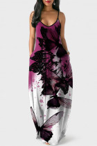 Purple Fashion Sexy Casual Print Backless Spaghetti Strap Long Dress