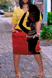 Yellow Red Fashion Casual Print Basic V Neck Short Sleeve Dress