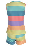 Colour Casual Striped Print Patchwork O Neck Sleeveless Two Pieces