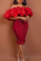 Red Elegant Solid Sequins Split Joint Flounce Off the Shoulder Evening Dress Dresses