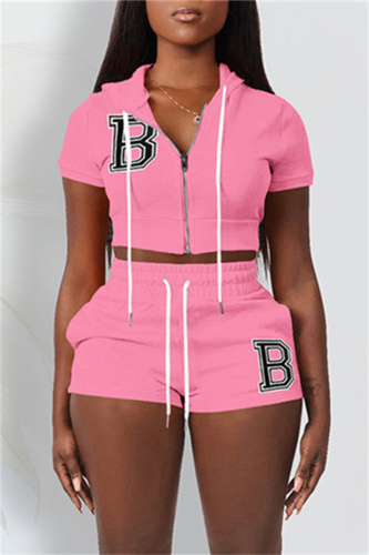 Pink Fashion Casual Letter Solid Embroidered Hooded Collar Short Sleeve Two Pieces