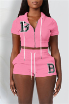 Pink Fashion Casual Letter Solid Embroidered Hooded Collar Short Sleeve Two Pieces