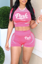 Pink Casual Sportswear Print Split Joint O Neck Short Sleeve Two Pieces