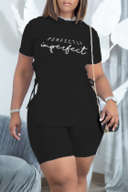 Black Sexy Print Slit O Neck Short Sleeve Two Pieces
