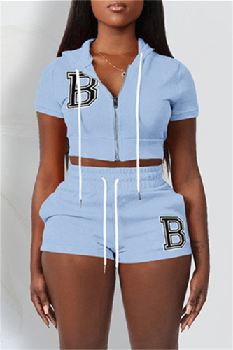 Blue Fashion Casual Letter Solid Embroidered Hooded Collar Short Sleeve Two Pieces