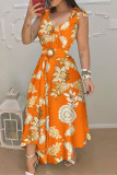 Orange Fashion Casual Print Bandage Patchwork With Belt V Neck Sling Dress