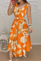 Orange Fashion Casual Print Bandage Split Joint With Belt V Neck Sling Dress