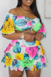Multicolor Fashion Sexy Print Backless Off the Shoulder Plus Size Two Pieces