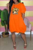 Orange Fashion Casual Print Basic O Neck Short Sleeve Dress