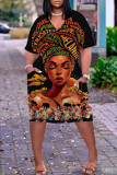 Black Orange Fashion Casual Print Patchwork V Neck Short Sleeve Dress