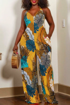 Yellow Casual Print Split Joint Halter Straight Jumpsuits